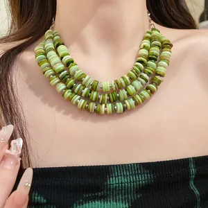 Close-up of multi-layer green shell beaded necklace showing natural texture
