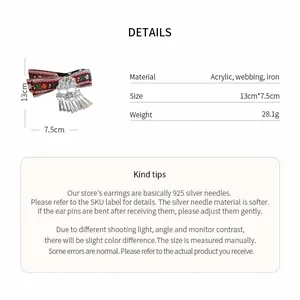 Detail view of Bohemian ribbon hair clip with acrylic tassels and product specifications