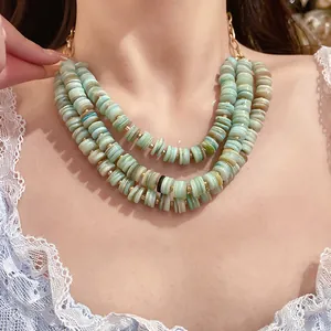 Close-up detail of multi-layer shell beaded necklace featuring light turquoise flat discs