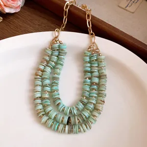 Close-up of multi-layer turquoise shell bead necklace with gold chain links on white plate