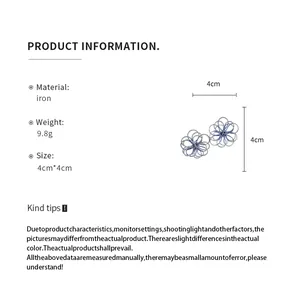 Product detail showing dimensions and iron material of hollow flower stud earrings.
