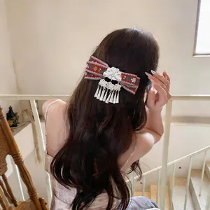 Detailed view of bohemian ethnic hair clip with red ribbon and silver tassels on hair