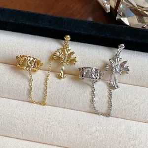 18k gold plated butterfly ear cuff and cross drop earring set with zircon details