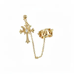 Elegant 18k gold plated gothic cross stud and butterfly ear cuff set with zircon stones