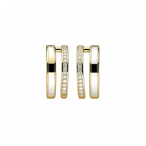 Elegant 14k gold plated double-layer C-shaped stud earrings with mother of pearl and zircon