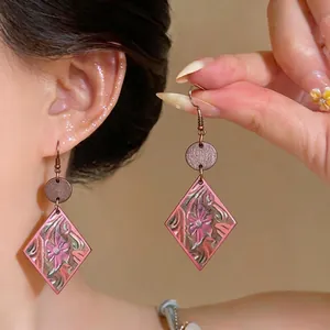 Bohemian Vintage Rhombus Wood Drop Earrings For Women Pink Floral Relief Ethnic Jewelry 925 Sterling Silver Earring Post