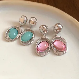 Retro silver needle earrings with turquoise and pink oval acrylic pendants for women