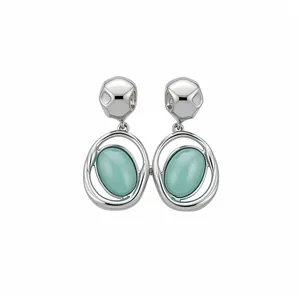 Vintage style silver needle drop earrings with elegant oval mint green acrylic pendants