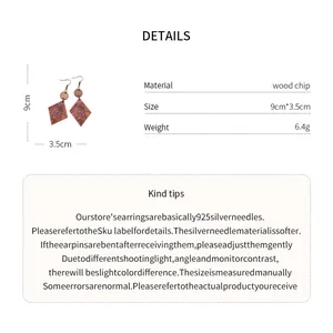 Detail view showing dimensions, wood chip material, and weight of ethnic pink earrings.