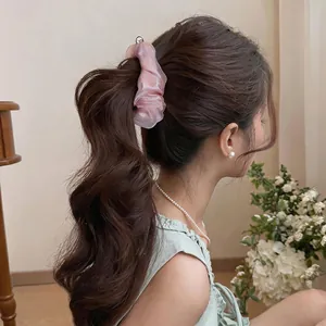 Elegante fermaglio per capelli in chiffon rosa su una coda di cavallo per un look dolce e fine.