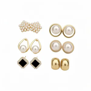 Elegant 6-pair gold pearl earring set with retro and luxury designs for women.