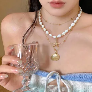 Collier Pendentif Bohème Multicouche Conque Étoile de Mer Or Blanc Perle de Coquillage Chaîne de Clavicule Bijoux de Plage pour Femmes