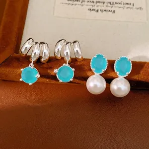 Women's Minimalist Copper Zirconia Pearl Stud Earrings With Silver Earring Post Geometric Round Blue Stone Fashion Jewelry