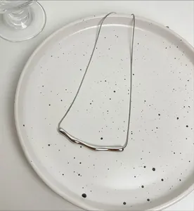 Close-up of minimalist stainless steel necklace with a curved silver pendant on a plate