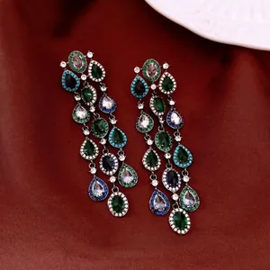 Vintage Luxuriös Kupfer Zirkonia Quaste Ohrringe Mit Silber Ohrringpfosten Wassertropfen Oval Grün Blau Damen Schmuck