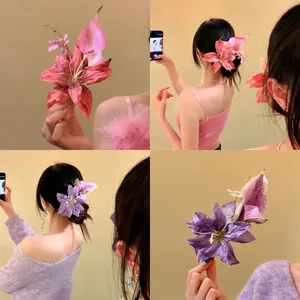 Women Oversized Pink Lily Flower Hair Clip Handmade Fabric Floral Duckbill Clip For Beach Vacation Party Hair Accessories