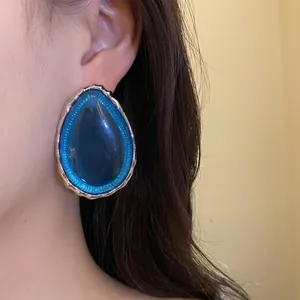 Vintage minimalist silver needle resin teardrop earrings featuring a deep blue finish