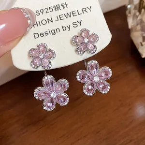 Elegant Korean Pink Zirconia Flower Stud Earrings For Women Copper Flower Earrings With 925 Sterling Silver Earring Post Jewelry