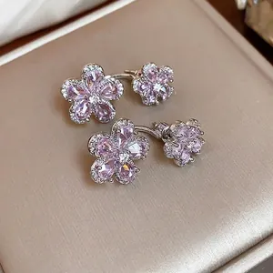 Elegant pink zircon flower ear jacket earrings with silver studs for women's fashion.