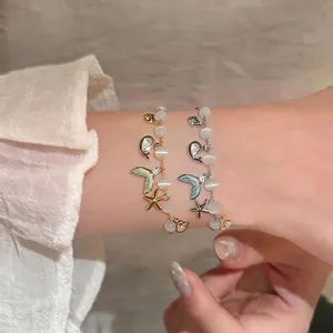 Fresh minimalist cat's eye stone beaded bracelets with starfish and mermaid tail charms