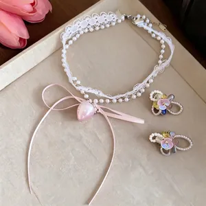 Sweet white lace strawberry bow pearl necklace and floral earrings jewelry set