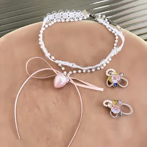 Sweet white lace pearl necklace with pink strawberry bow and matching floral earrings set