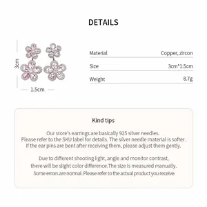 Detail page showing flower earring dimensions, materials, and care tips in English.