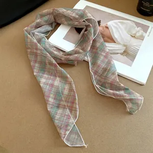 Elegant multicolor checkered mesh scarf necklace for women long thin necktie accessory