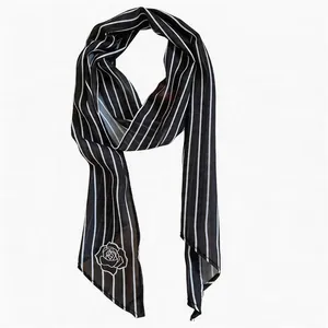 Elegant black and white striped mesh long neck scarf with a delicate white rose print
