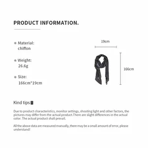 Detailed specifications of the striped chiffon neck scarf with dimensions and weight.