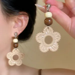 Handmade Woven Rattan Flower Drop Earrings With Wood Beads Bohemian Vintage Ethnic Beach Vacation Jewelry For Women