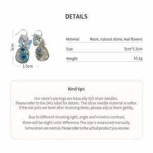 Detailed specifications of resin and natural stone flower earrings with size and weight