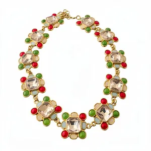 Vintage French style gold-tone necklace featuring colorful resin beads and champagne crystals
