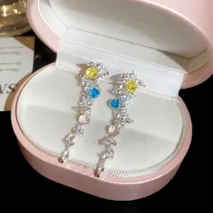 Boucles d'oreilles pendantes élégantes style français avec feuilles en zircon et pierres