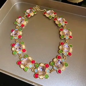 Vintage French style geometric patchwork necklace with colorful resin stones and crystals