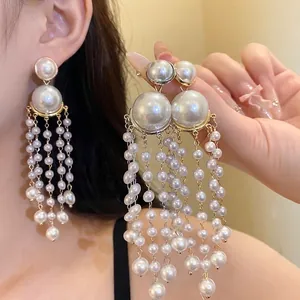 French Vintage Artificial Pearl Tassel Drop Earrings With 925 Sterling Silver Earring Post Elegant Dangle Earrings For Women