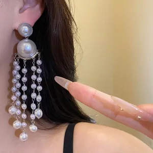 Elegant French retro pearl beaded fringe earrings with silver needle studs for women
