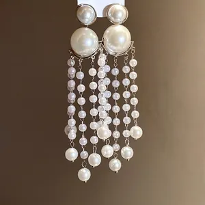 Elegant silver needle pearl beaded tassel earrings with vintage French style