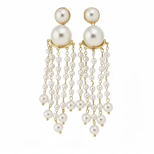 Elegant white pearl tassel earrings with gold-tone finish for a vintage French look.