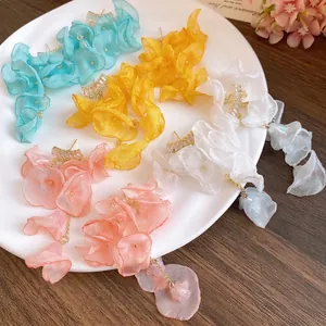 Sweet chiffon flower tassel earrings with zircon studs for summer vacation style
