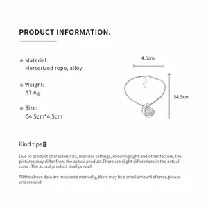 Detailed product information for mercerized rope necklace with a snail shell pendant.