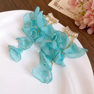 Elegant light blue chiffon flower tassel earrings with sparkling zircon studs for women.