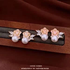 Vintage Luxury Copper Zirconia Flower Artificial Pearl Stud Earrings For Women Sweet Aesthetic Silver Earring Post Jewelry