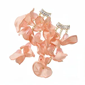 Sweet pink chiffon flower tassel earrings with sparkling zircon studs for summer