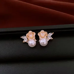 Elegant vintage floral pearl stud earrings with sparkling zircon and pink enamel detail