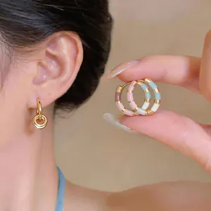 14K Gold Plated Copper Round Hoop Earrings With 925 Sterling Silver Earring Post Colorful Enamel Striped Huggies For Women Jewelry