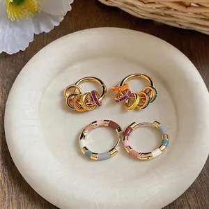 14K gold plated dopamine colorful enamel hoop earrings with niche fashion design