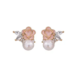 Elegant vintage enamel flower stud earrings with pearl and zircon accents