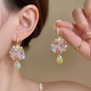 Colorful floral drop earrings with crystals, sweet spring summer style fashion jewelry