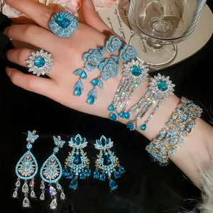 Luxury European Blue Zircon Flower Jewelry Set For Women Exquisite Copper Zirconia Earrings Bracelet Ring Wedding Party Gift